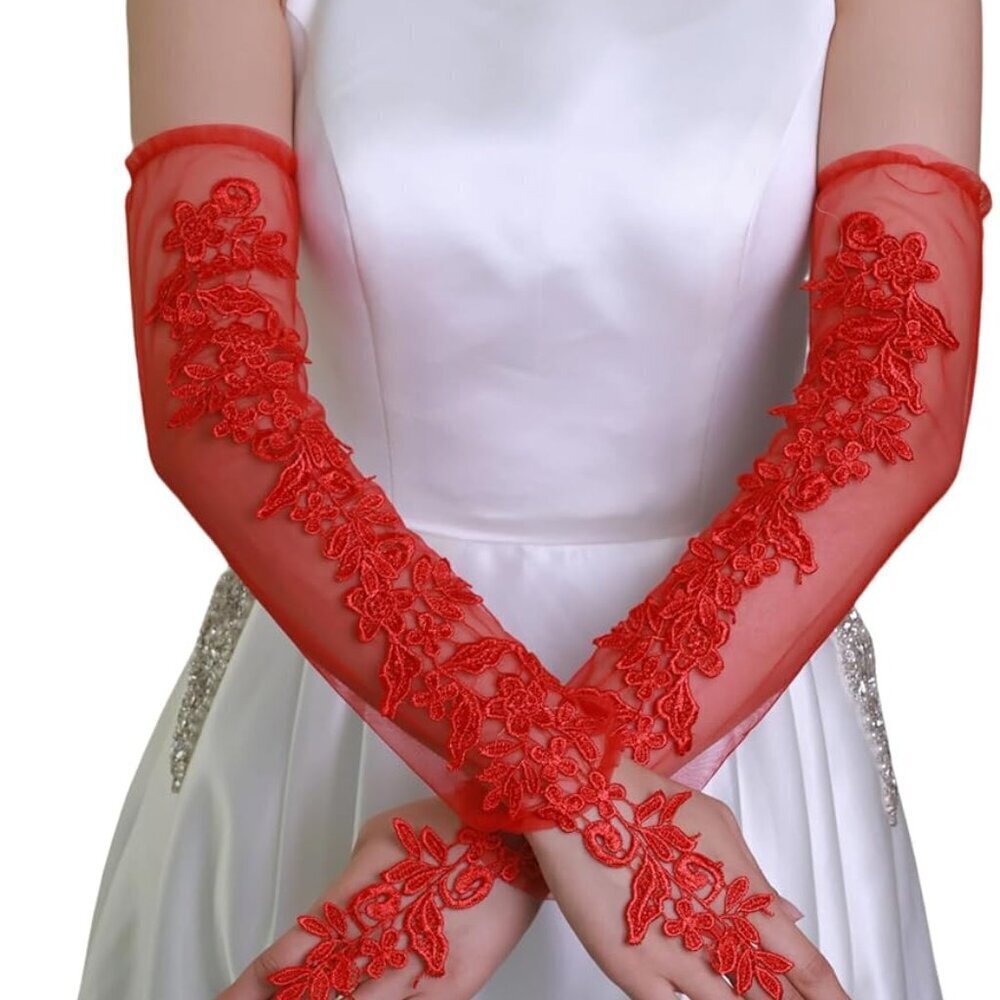 Women's Red Lace Fingerless Gloves Sheer Mesh Bridal Elegant Dance Costume